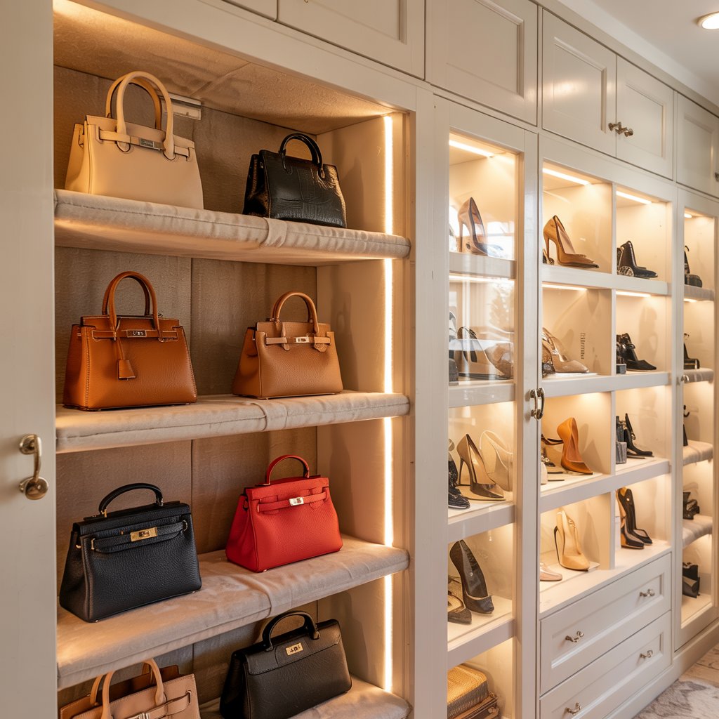 handbags and shoes in a closet