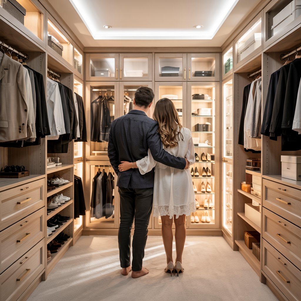 husband and wife embracing in their new luxury custom closet